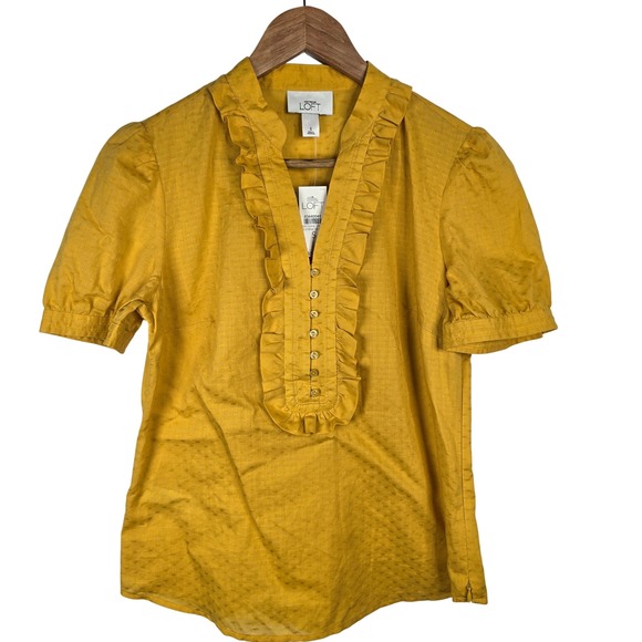 LOFT Tops - LOFT Womens Top Blouse Size S Yellow Ruffle Button Front‎ Short Sleeve